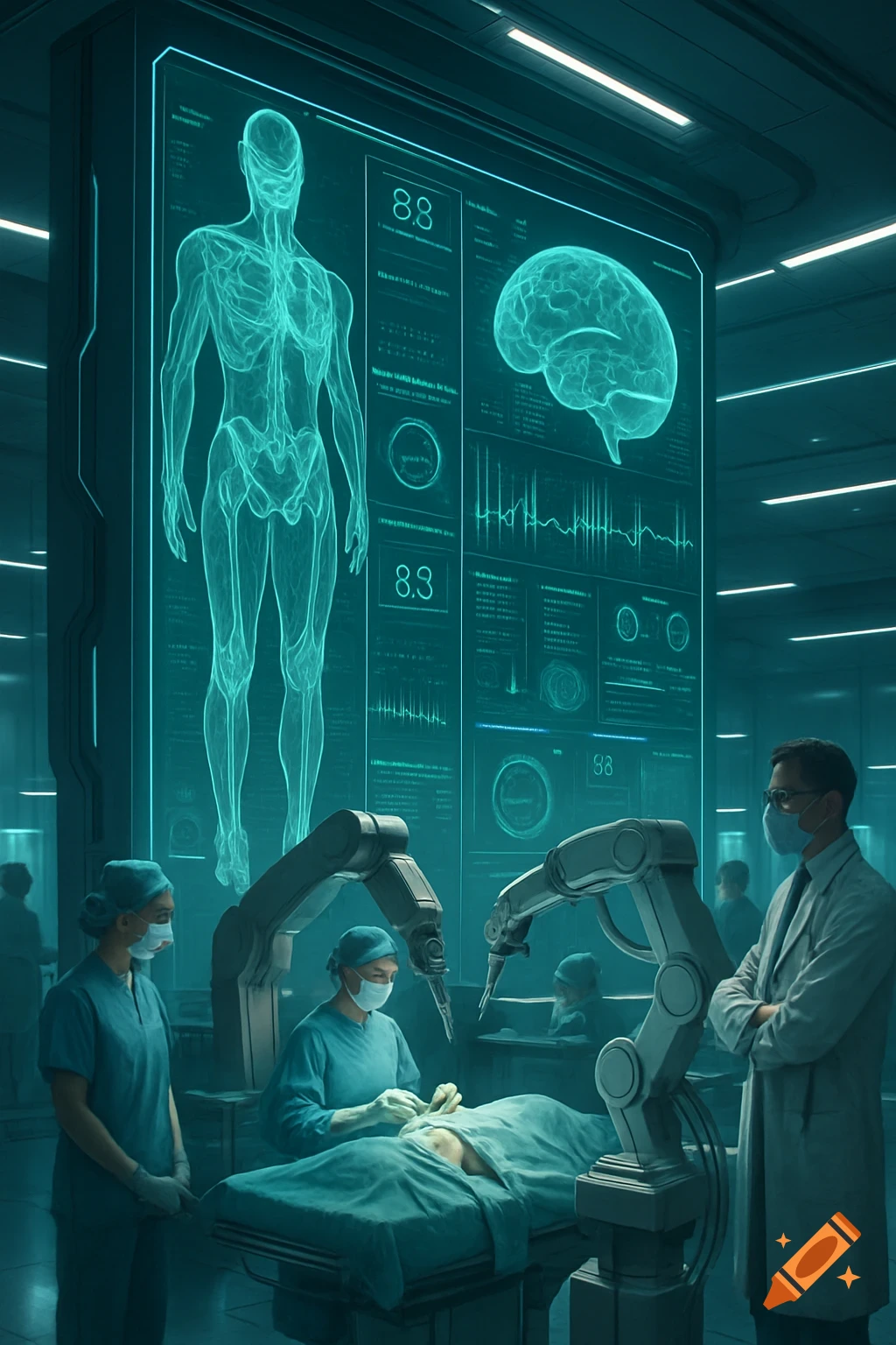 Futuristic surgery scene with doctors, robotic arms, and a patient, alongside glowing holographic displays of human anatomy and data.
