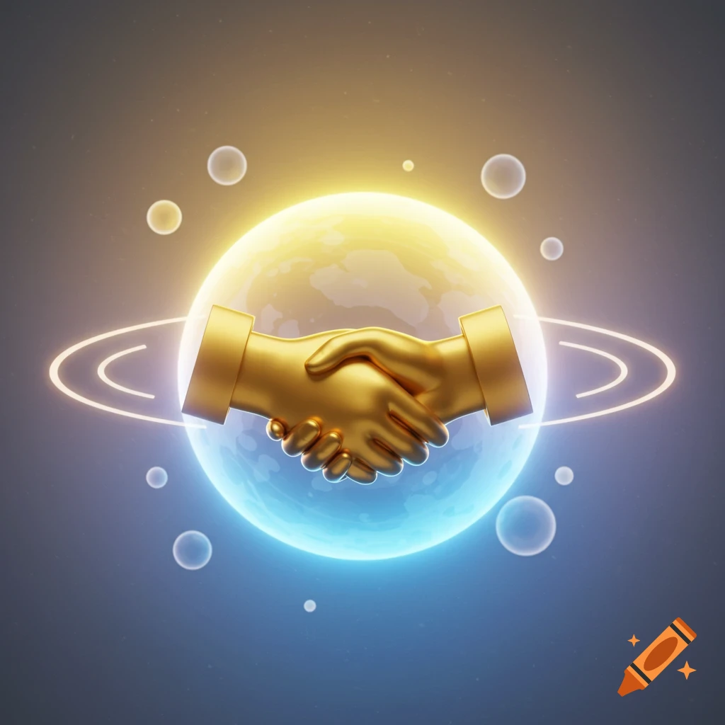 A shiny golden handshake, symbolizing cooperation, set in front of a glowing blue and yellow planet with rings and floating bubbles in space.