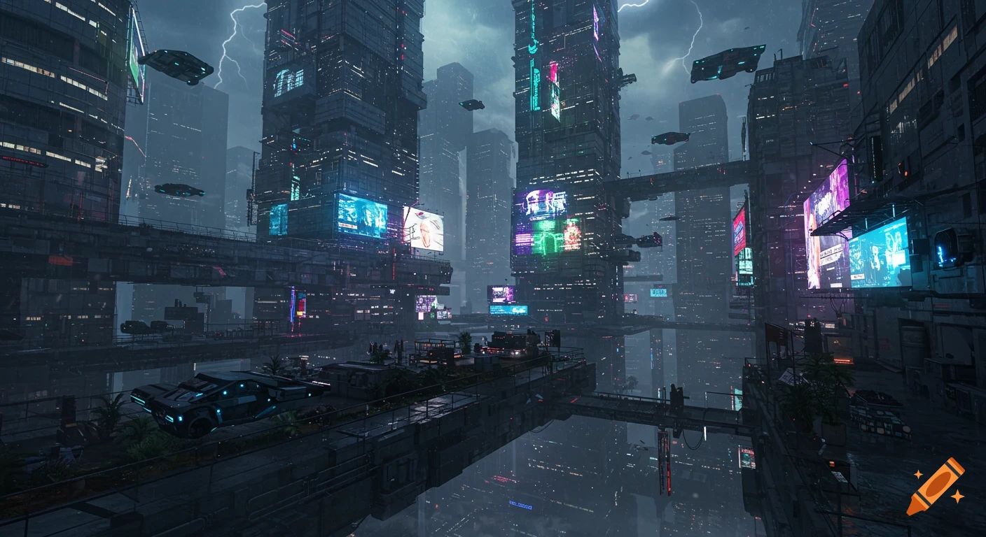 A sprawling futuristic cyberpunk megacity at night with neon-lit skyscrapers, flying vehicles, and stormy skies.