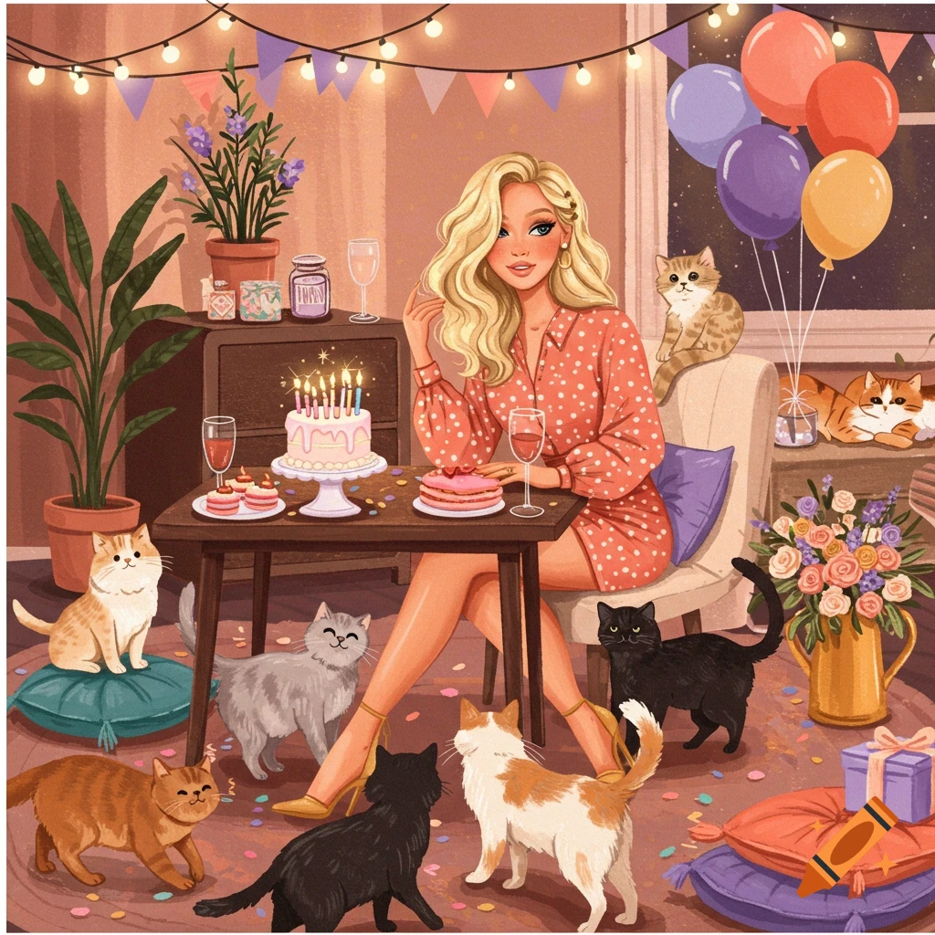 Illustration of a blonde woman at a birthday table with cake, balloons, and many playful cats.