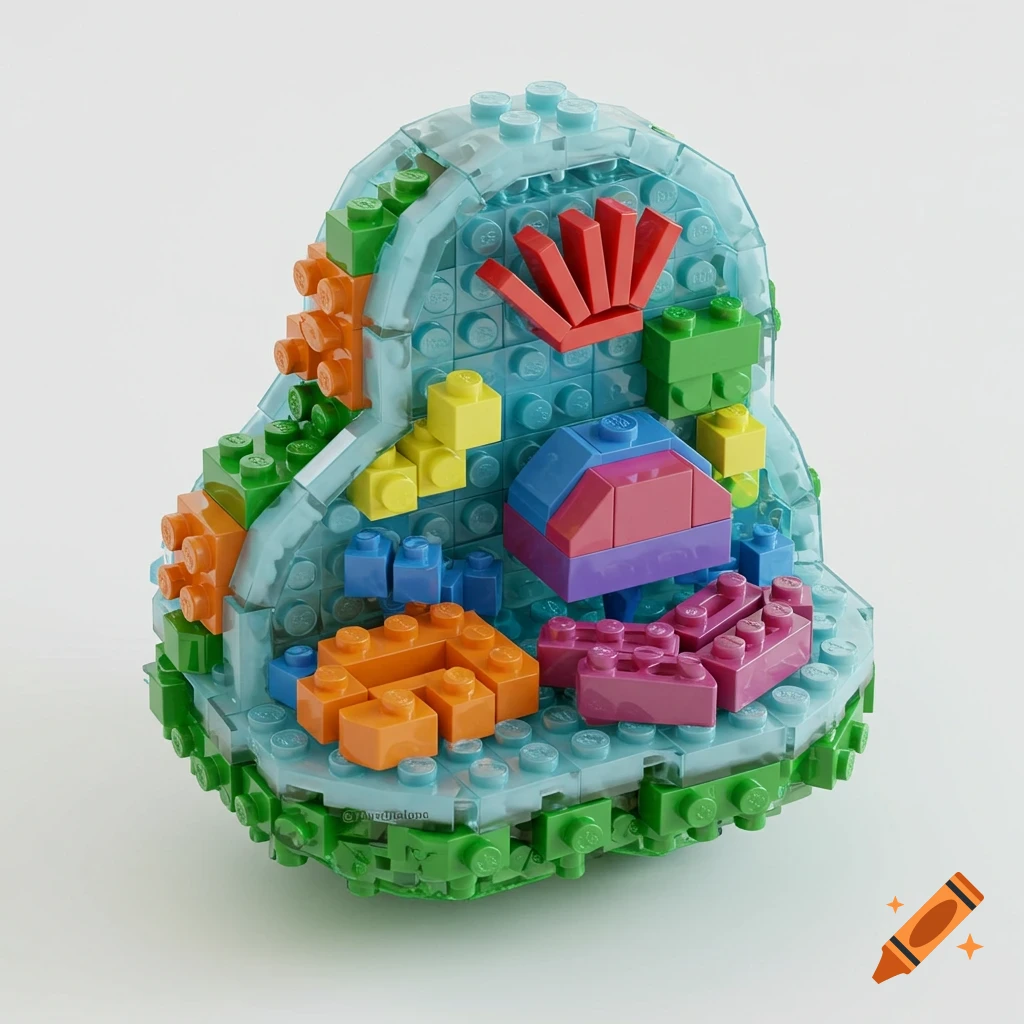 A vibrant Lego model of a biological cell, showcasing different organelles against a white background.