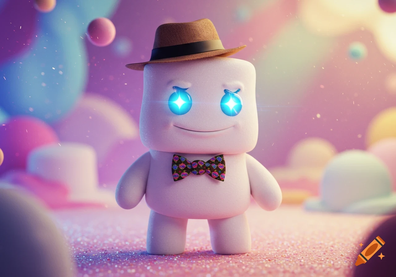 A cute, smiling marshmallow man wearing a fedora and a bow tie, with glowing blue eyes, stands in a sparkling pink and purple wonderland.