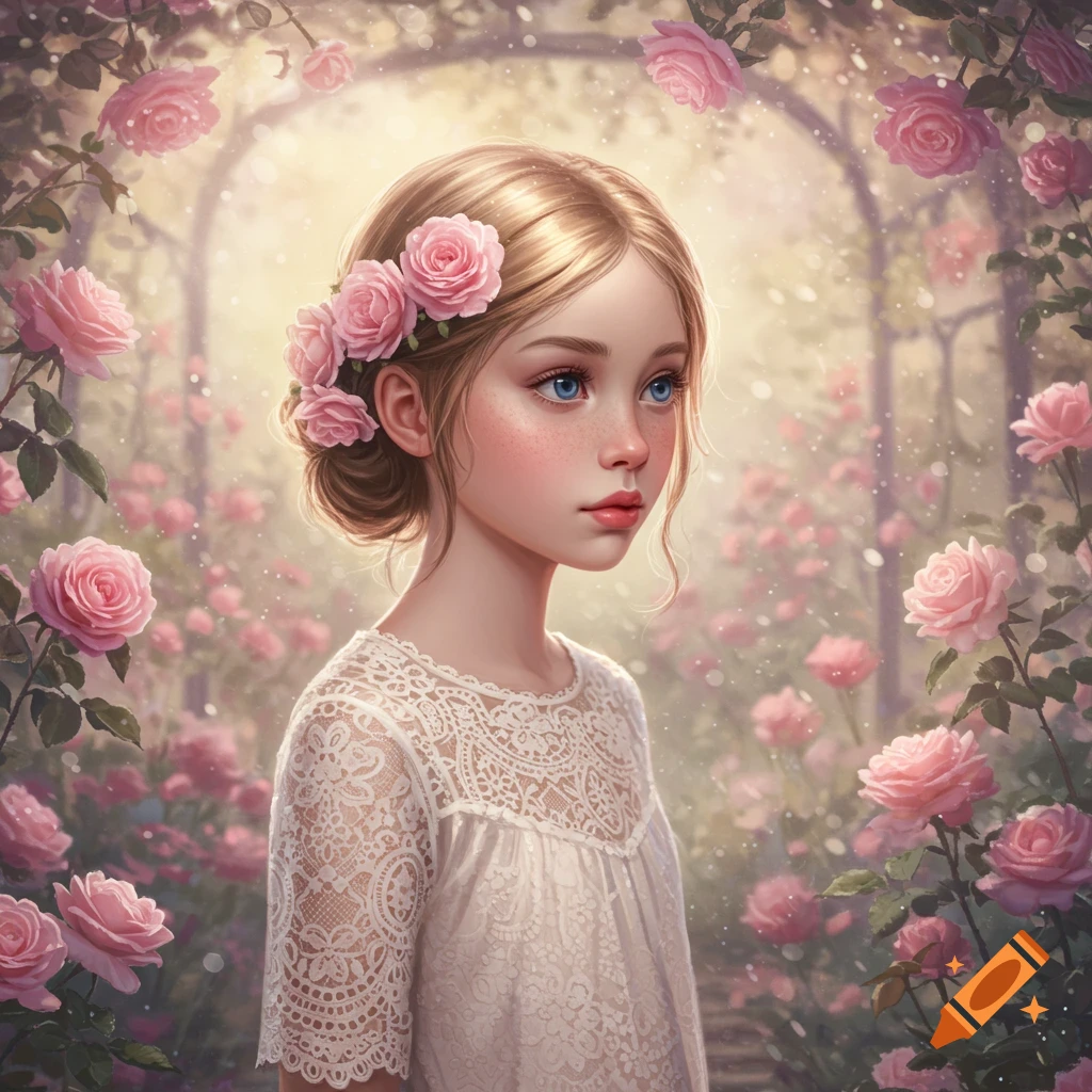 A young girl with blonde hair and blue eyes, wearing a white lace shirt, surrounded by pink roses in a dreamy garden.