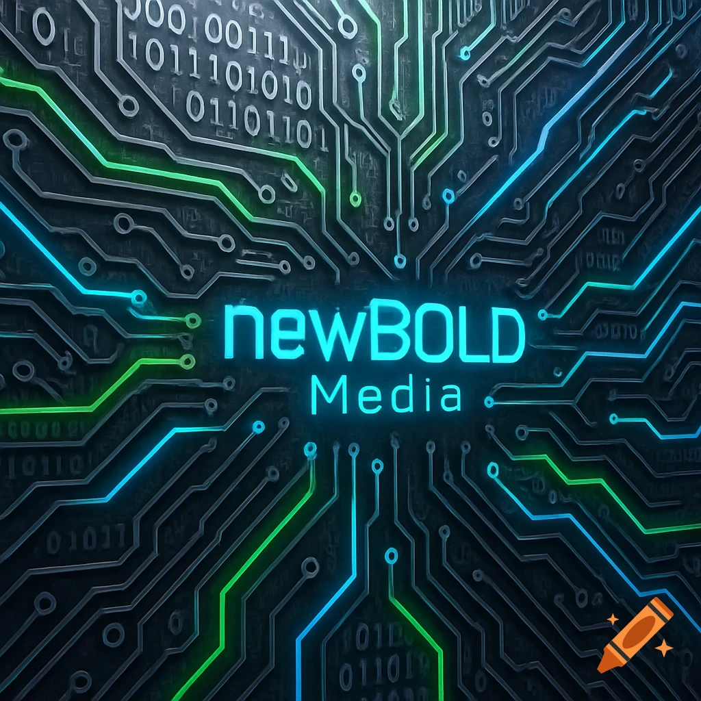 Abstract digital circuit board with glowing green and blue lines and 'newBOLD Media' text.