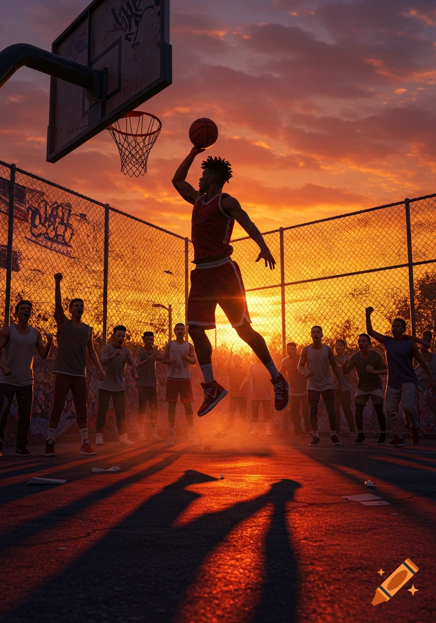 A basketball player dunks at sunset on an outdoor court, cheered by a crowd.