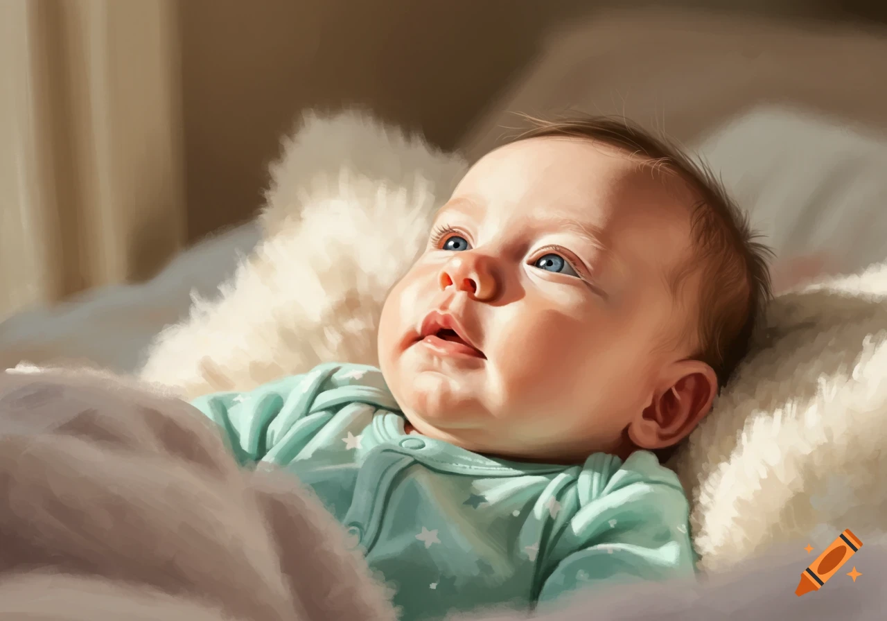 Painted portrait of a baby with blue eyes lying in a soft bed, looking up to the left, with soft sunlight.
