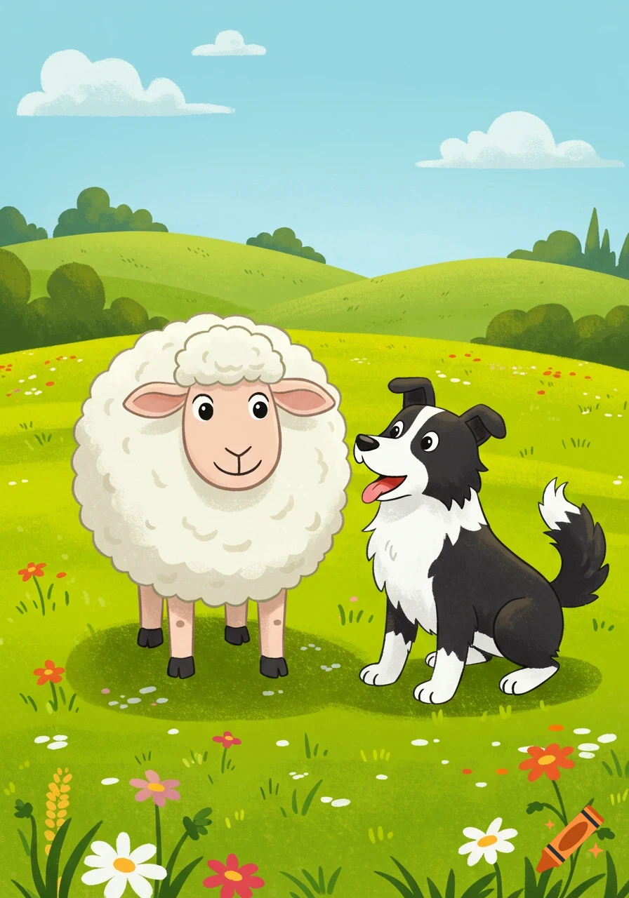 A cheerful cartoon sheep stands beside a happy Border Collie in a green, flower-filled meadow under a blue sky.