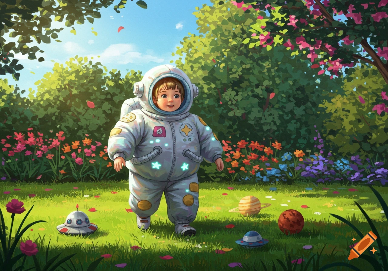A whimsical illustration of a child in a white astronaut suit walking in a vibrant garden with colorful flowers, small planets, and UFOs.