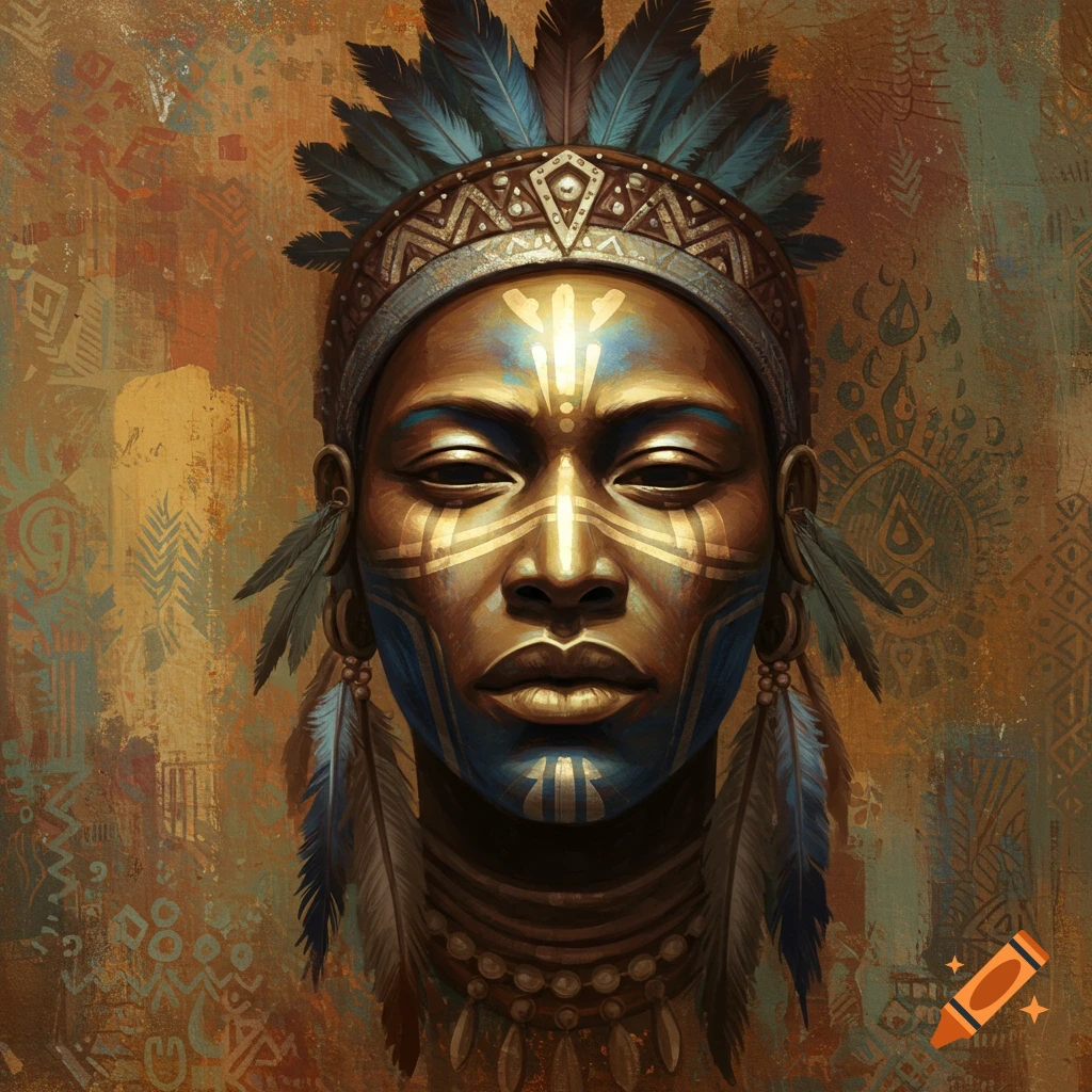 Close-up portrait of a person with gold and blue tribal face paint and a feathered headdress against a patterned, textured background.
