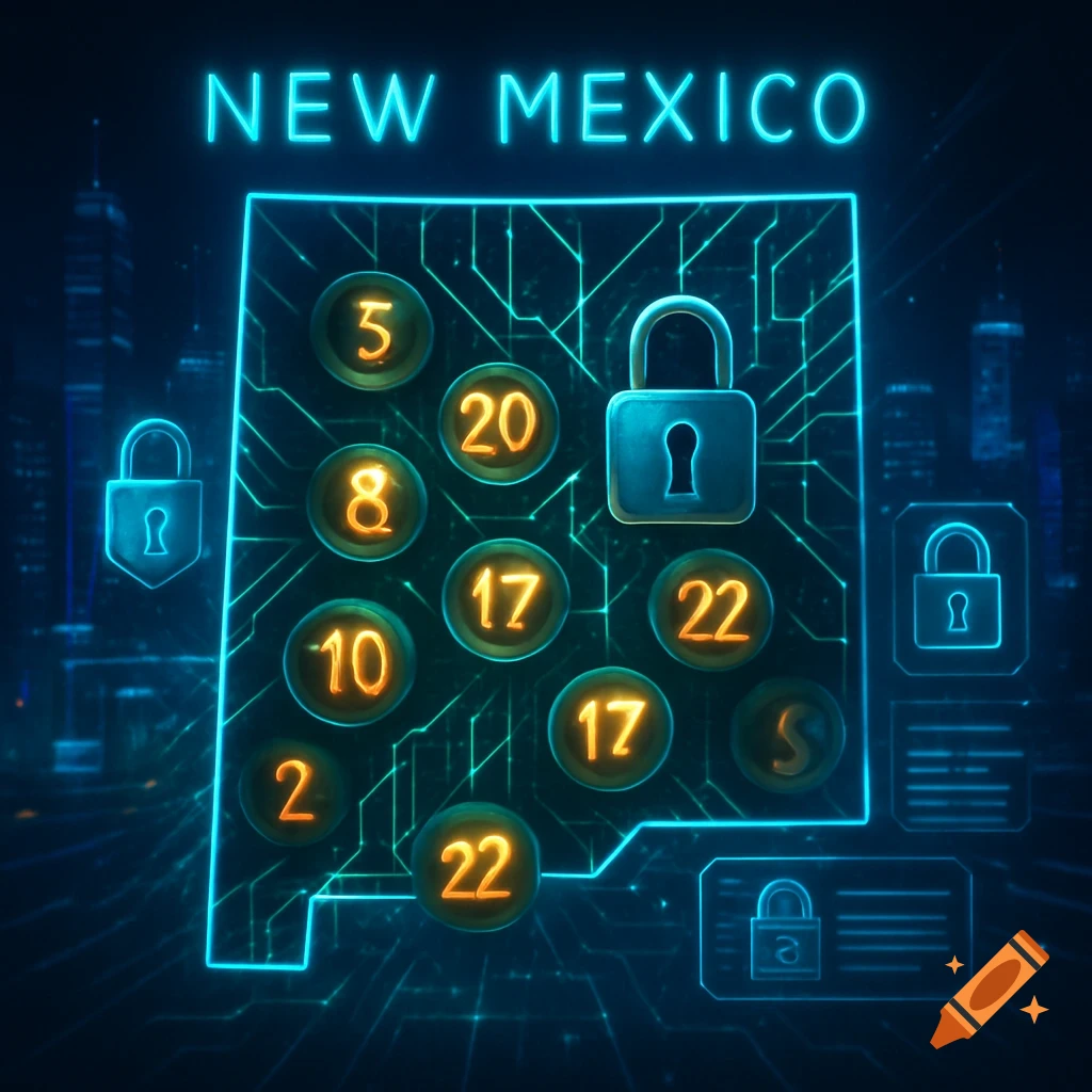 A neon blue outline of New Mexico with circuit patterns, glowing numbers, and padlocks, against a dark digital city background.