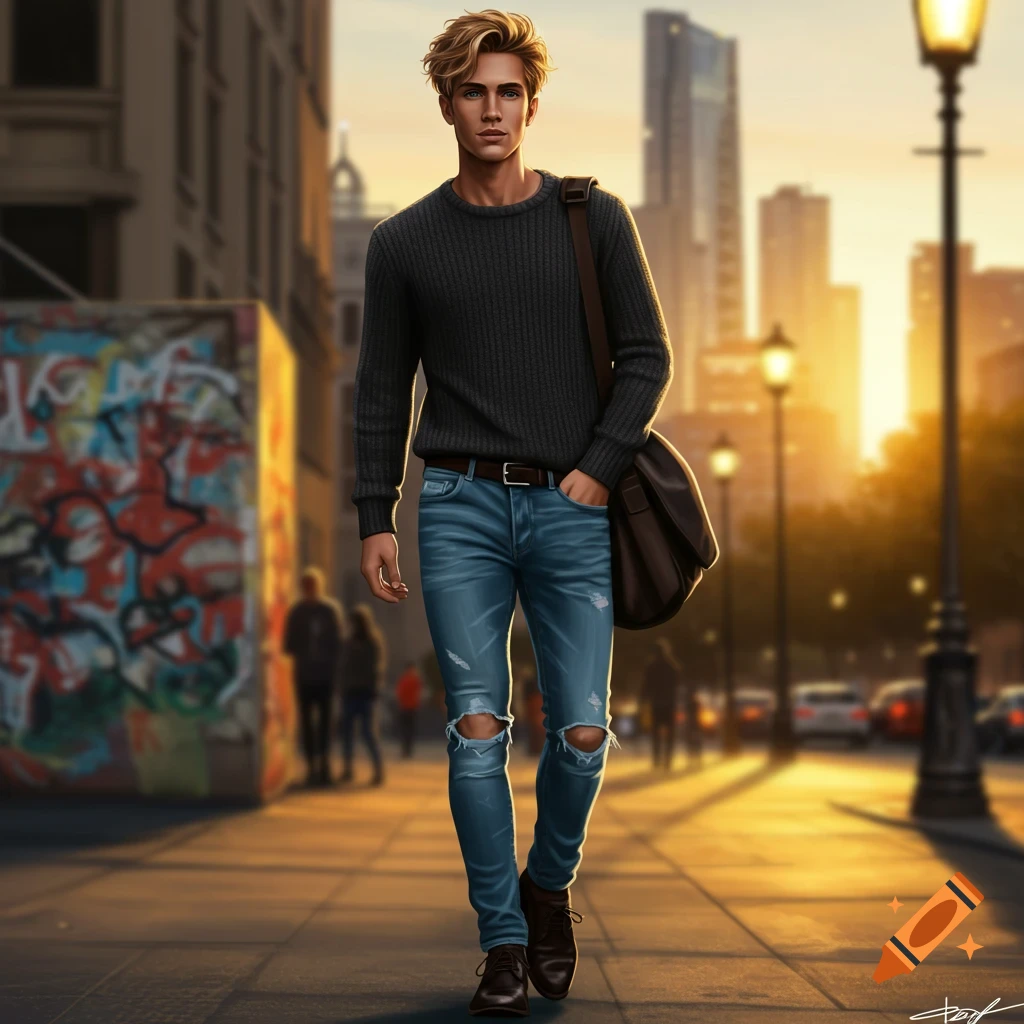 Blonde man in dark sweater, ripped skinny jeans, and a messenger bag walks on a city sidewalk at sunset. Digital art style.