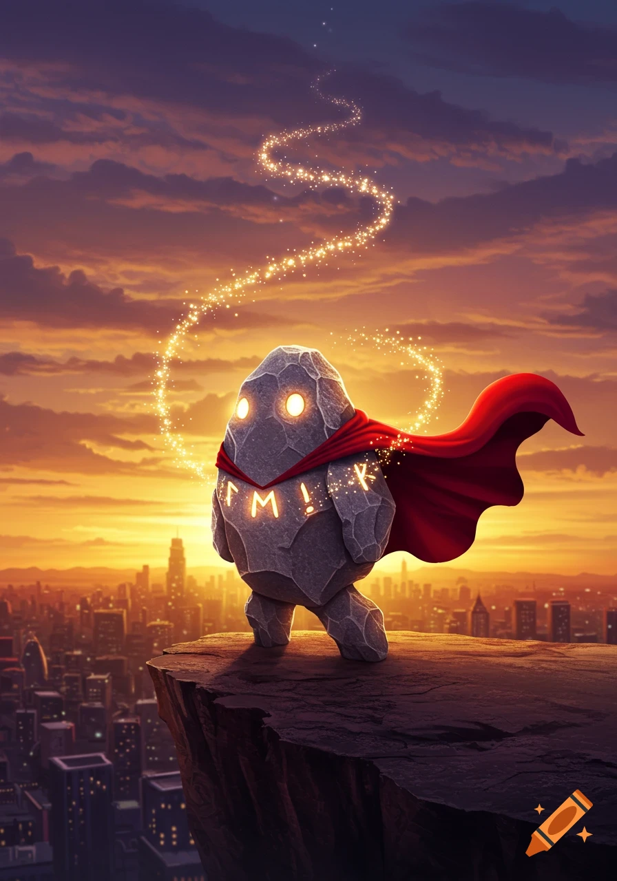 A cartoon pet rock superhero in a red cape stands on a cliff overlooking a city at sunset, with a sparkling trail in the sky.