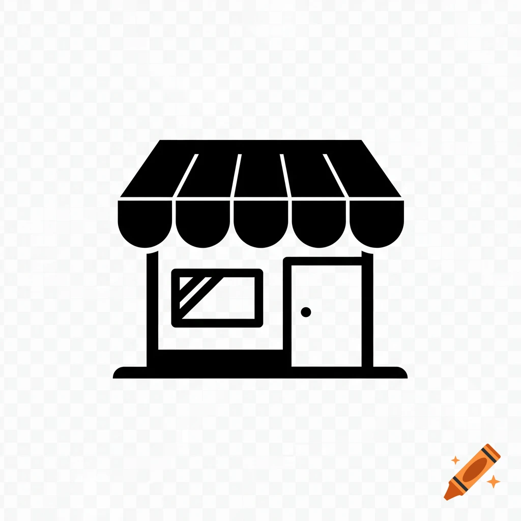 Black and white vector icon of a shop with an awning, window, and door on a transparent background.