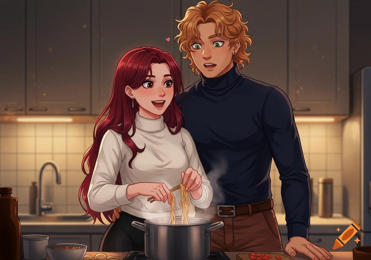 An anime couple cooking in a kitchen. The woman with red hair smiles while holding noodles over a pot; the man with blonde hair looks on in surprise.