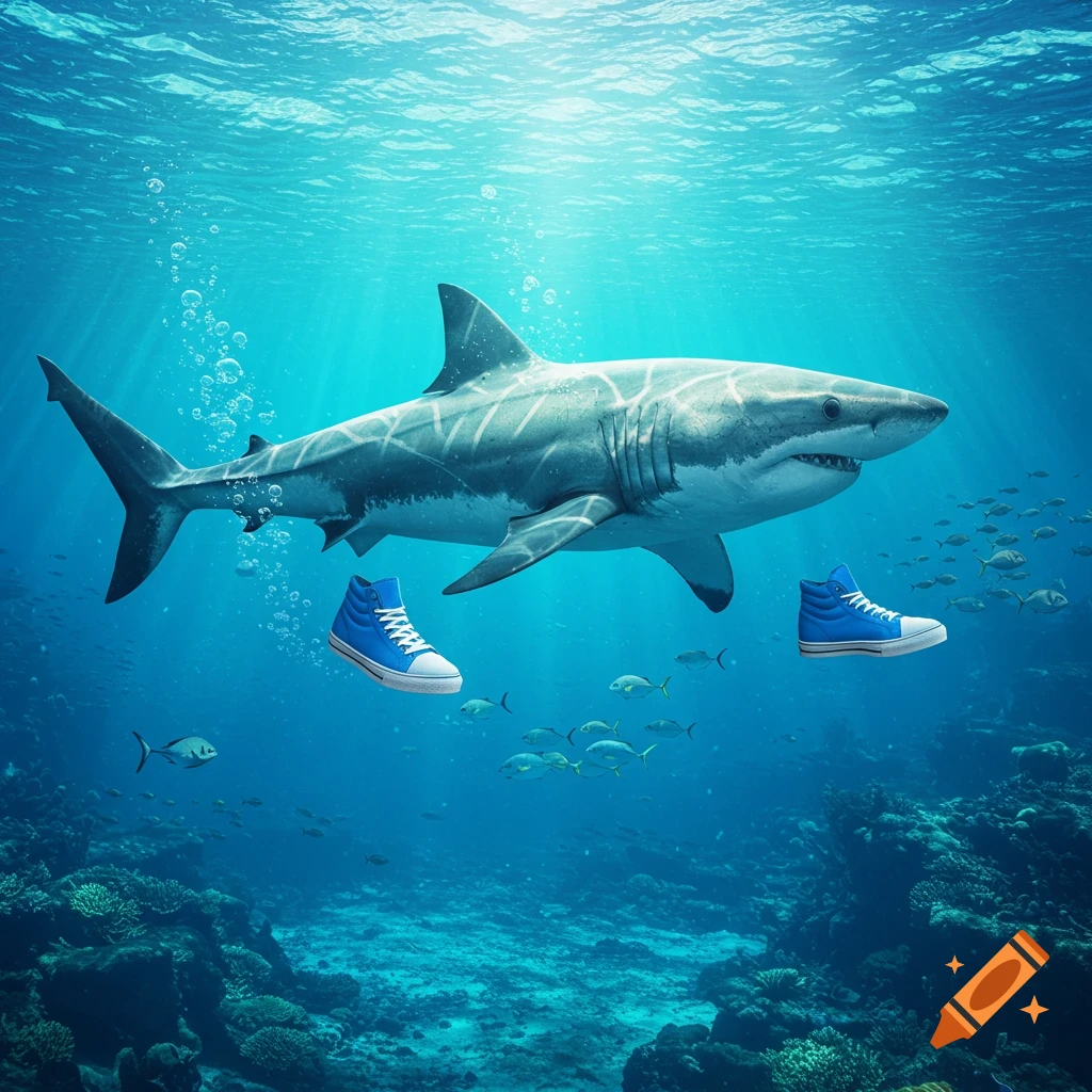 A photorealistic image of a great white shark swimming underwater with two bright blue high-top sneakers floating beside it.