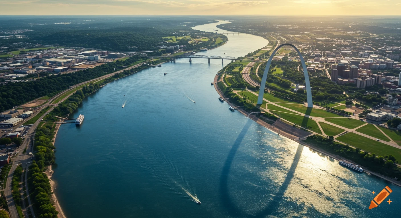 Photorealistic aerial view of the Mississippi River in St. Louis, showing the city and the Gateway Arch at sunset.