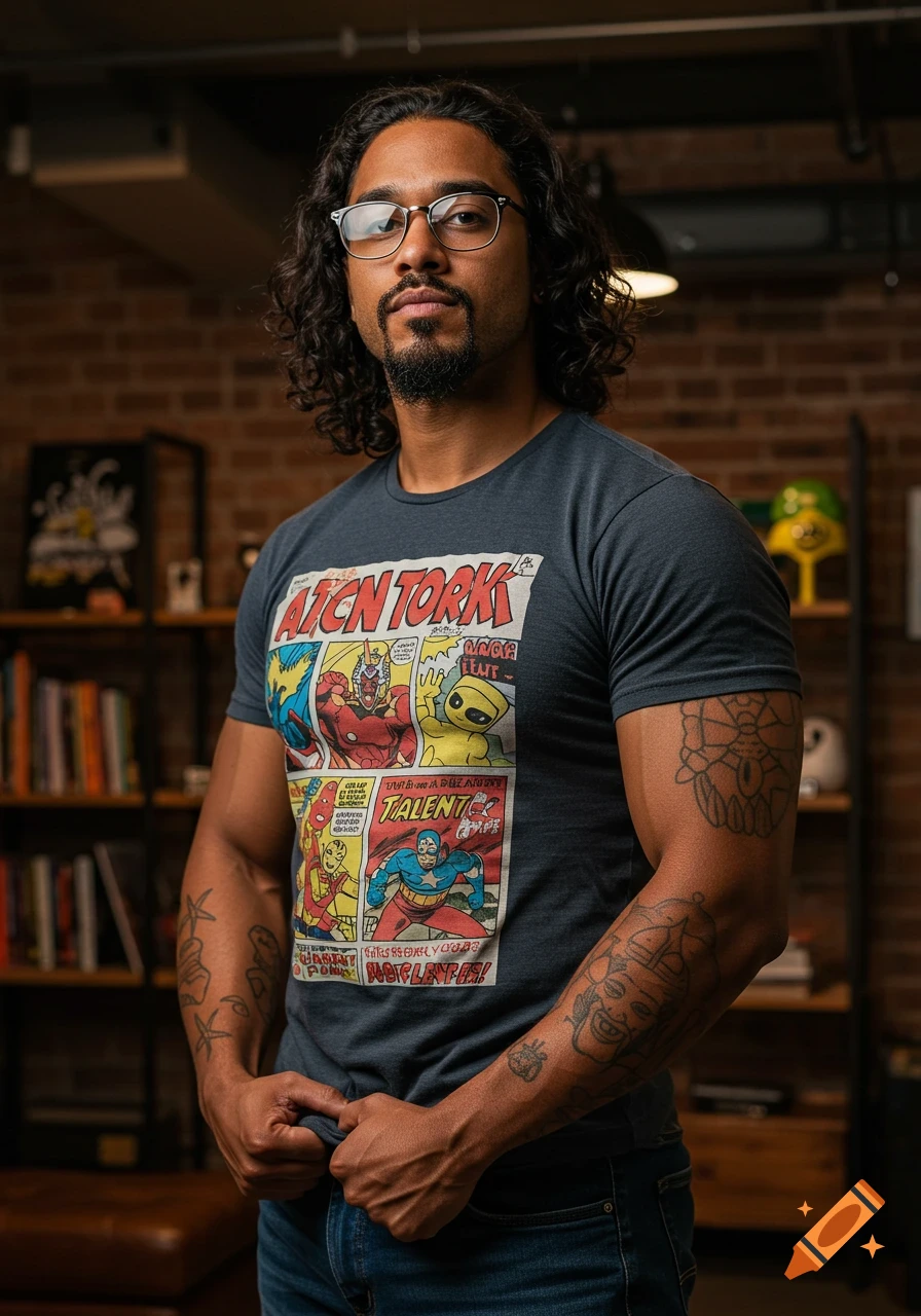A man with curly hair, glasses, and a beard wears a comic book t-shirt while standing in a room with a brick wall.