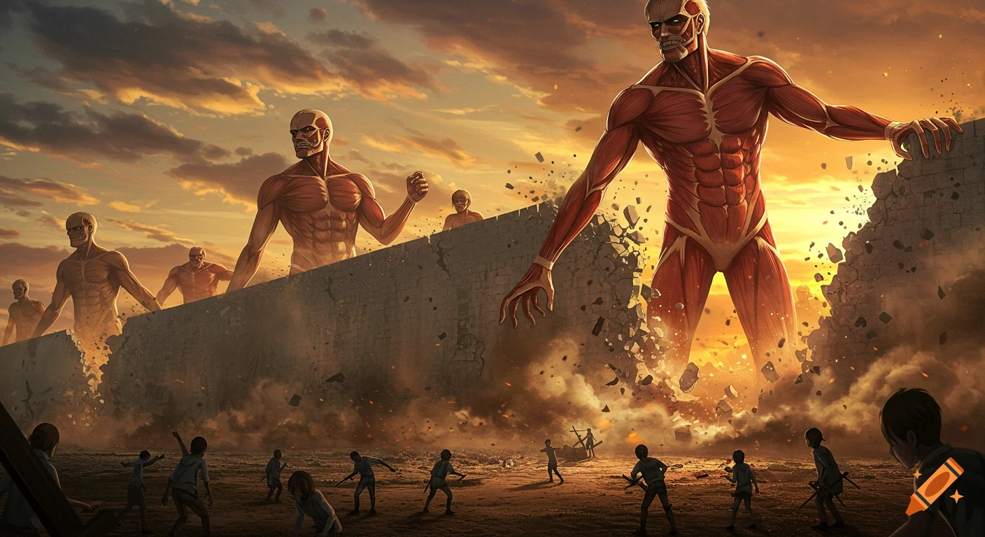 Anime style Titans break through a city wall as tiny humans flee at sunset, creating dust and debris.