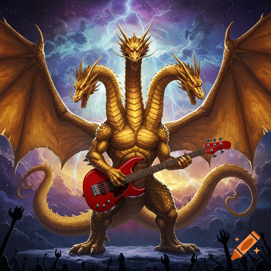 Golden three-headed dragon Ghidorah playing a red bass guitar on a stage with lightning. Illustration.