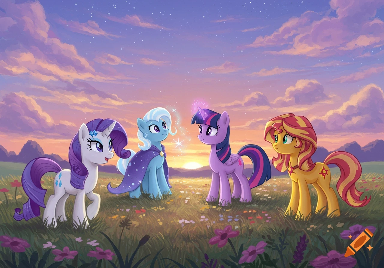 Four colorful My Little Pony characters stand in a vibrant field of wildflowers at sunset under a purple and orange sky.