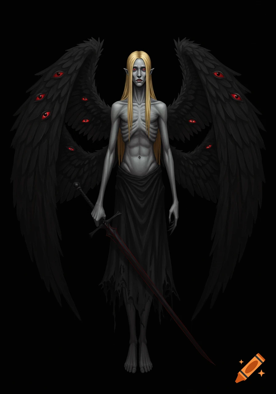 A tall, emaciated, grey-skinned figure with blonde hair and tattered black robes, featuring black wings with red eyes, holding a black sword in a void.