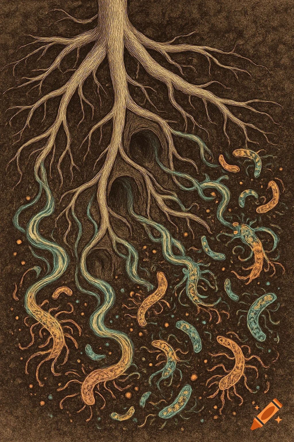Scientific illustration of plant roots attracting soil bacteria in a cross-section, with blue and orange organic compounds.