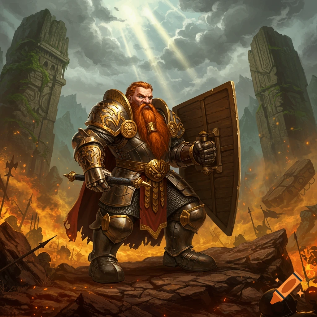A powerful dwarf warrior in ornate golden armor holds a sword and shield on a fiery, ruined battlefield.
