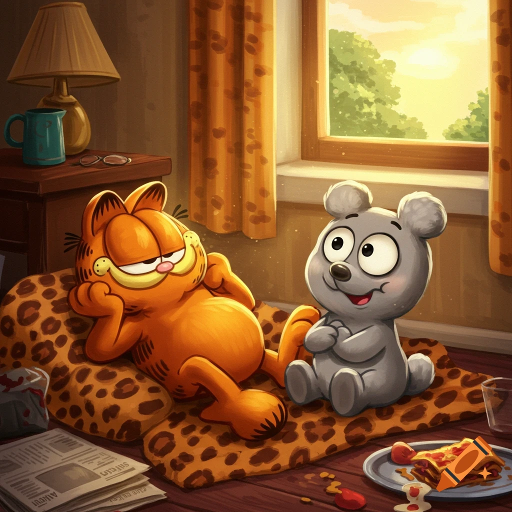 Garfield the orange cat lounges on a leopard print cushion next to a grey cartoon mouse, indoors by a window at sunset. Lasagna is on a nearby plate.