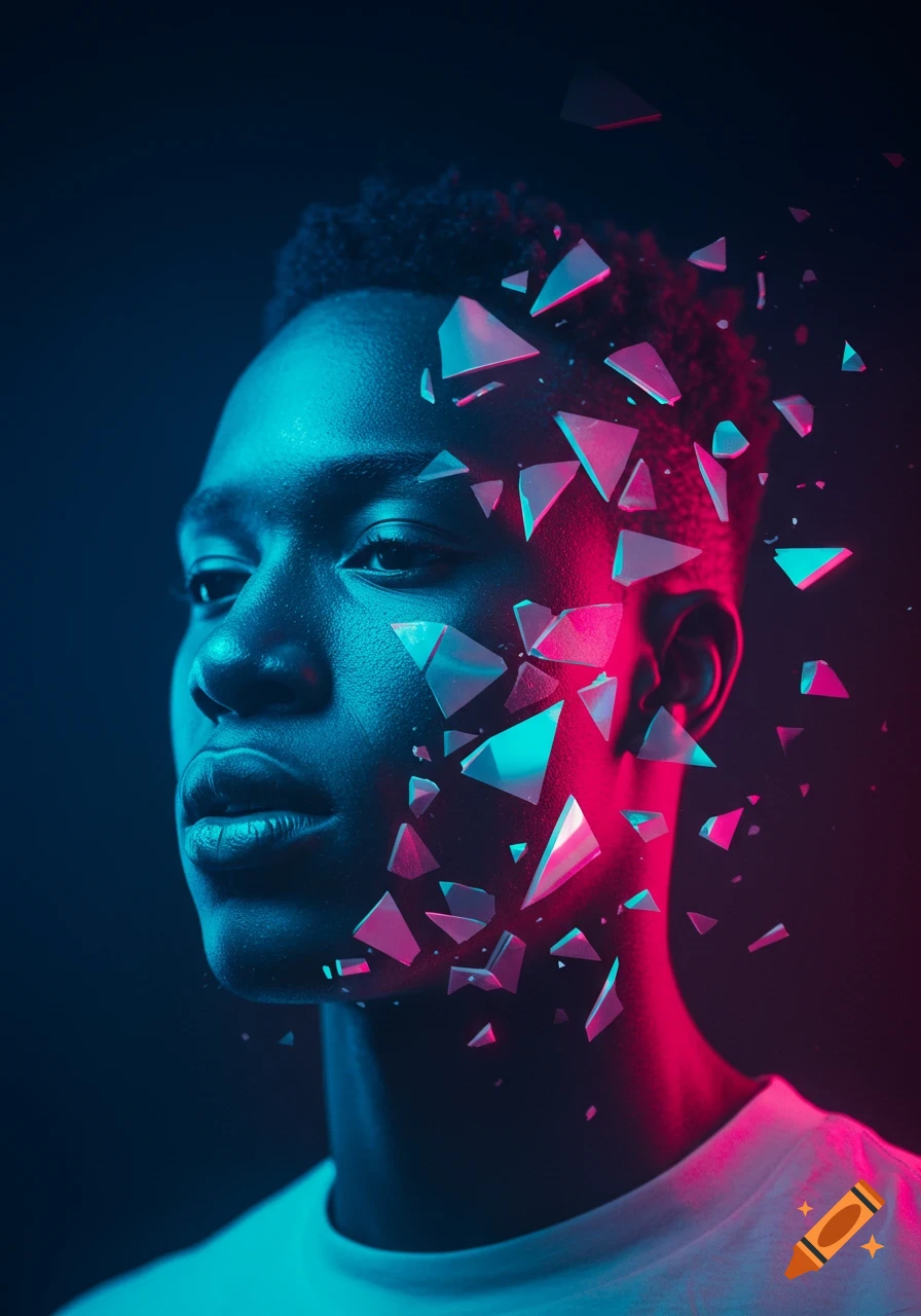 Close-up of an African man's face fragmenting into glowing blue and pink geometric shards with neon lighting.