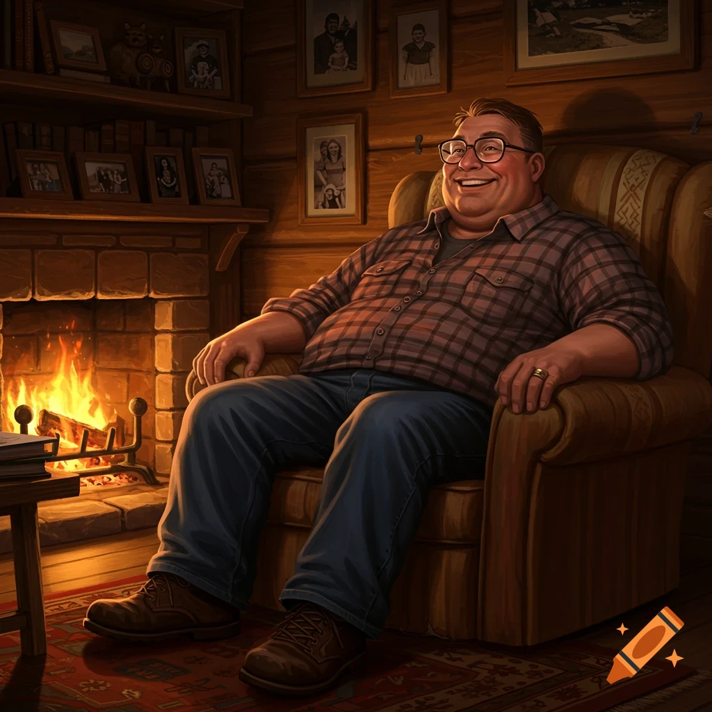 A smiling man with glasses, wearing a plaid shirt and jeans, sits comfortably in an armchair by a warm fireplace in a cozy cabin.
