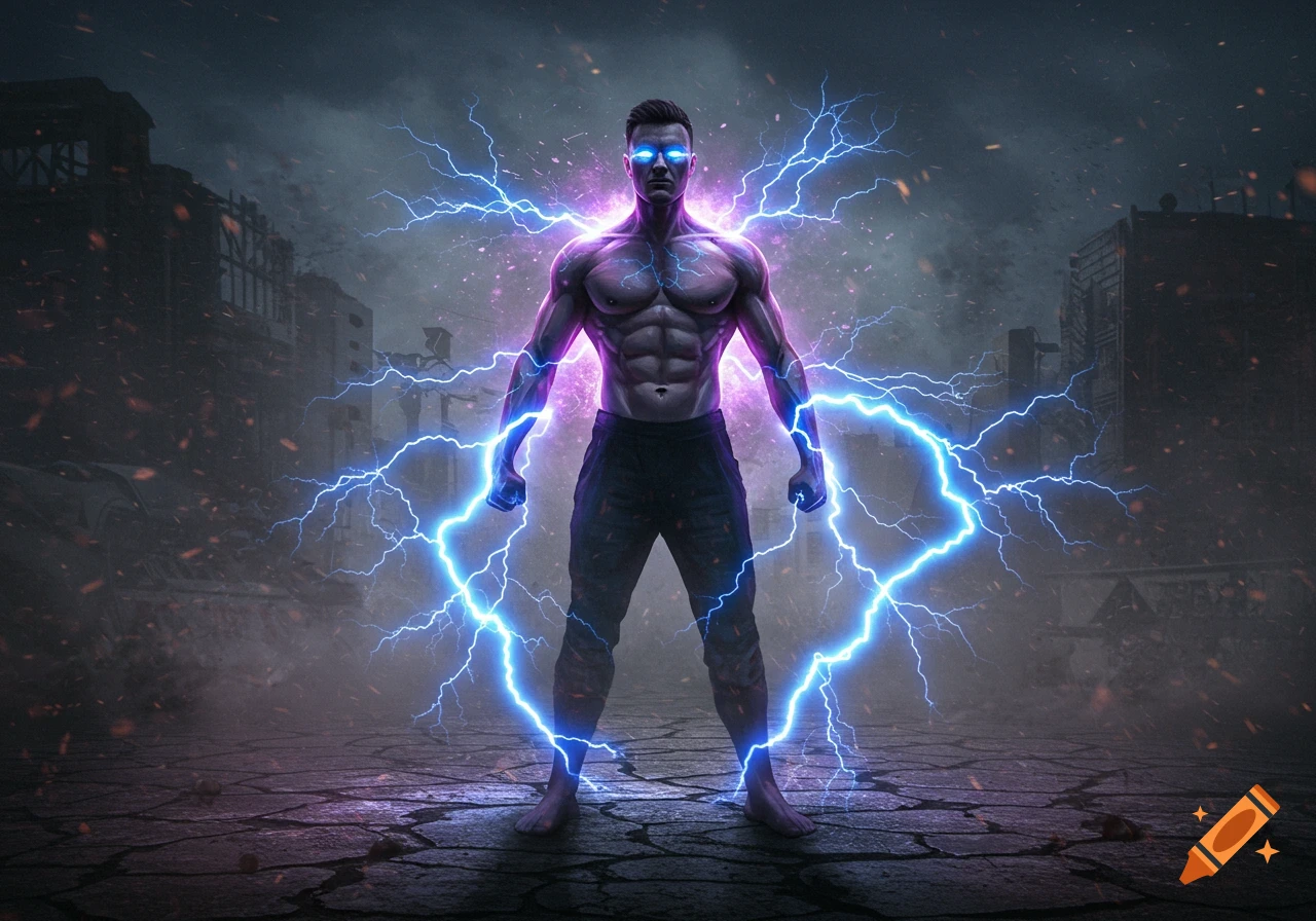 A muscular man with glowing blue eyes and a purple aura stands amidst blue lightning in a destroyed city under a dark, stormy sky.