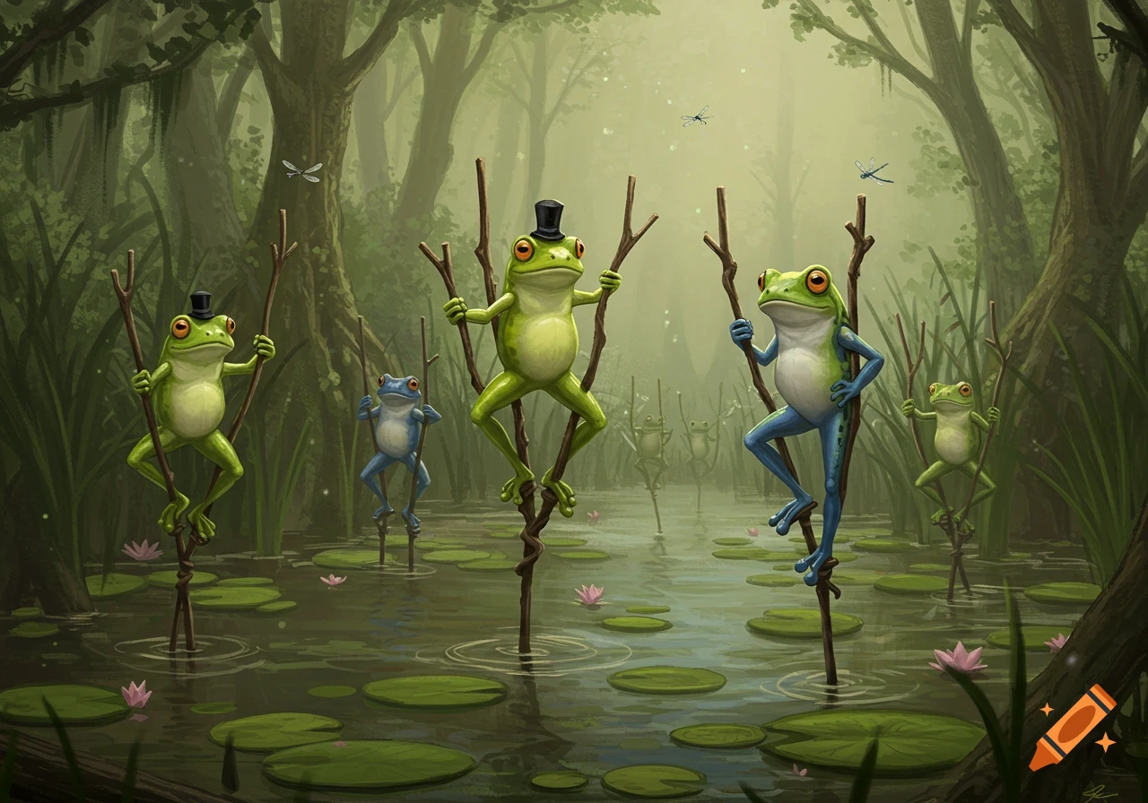 Several anthropomorphic frogs, some wearing top hats, walk on stilts through a mystical, misty swamp with lily pads.
