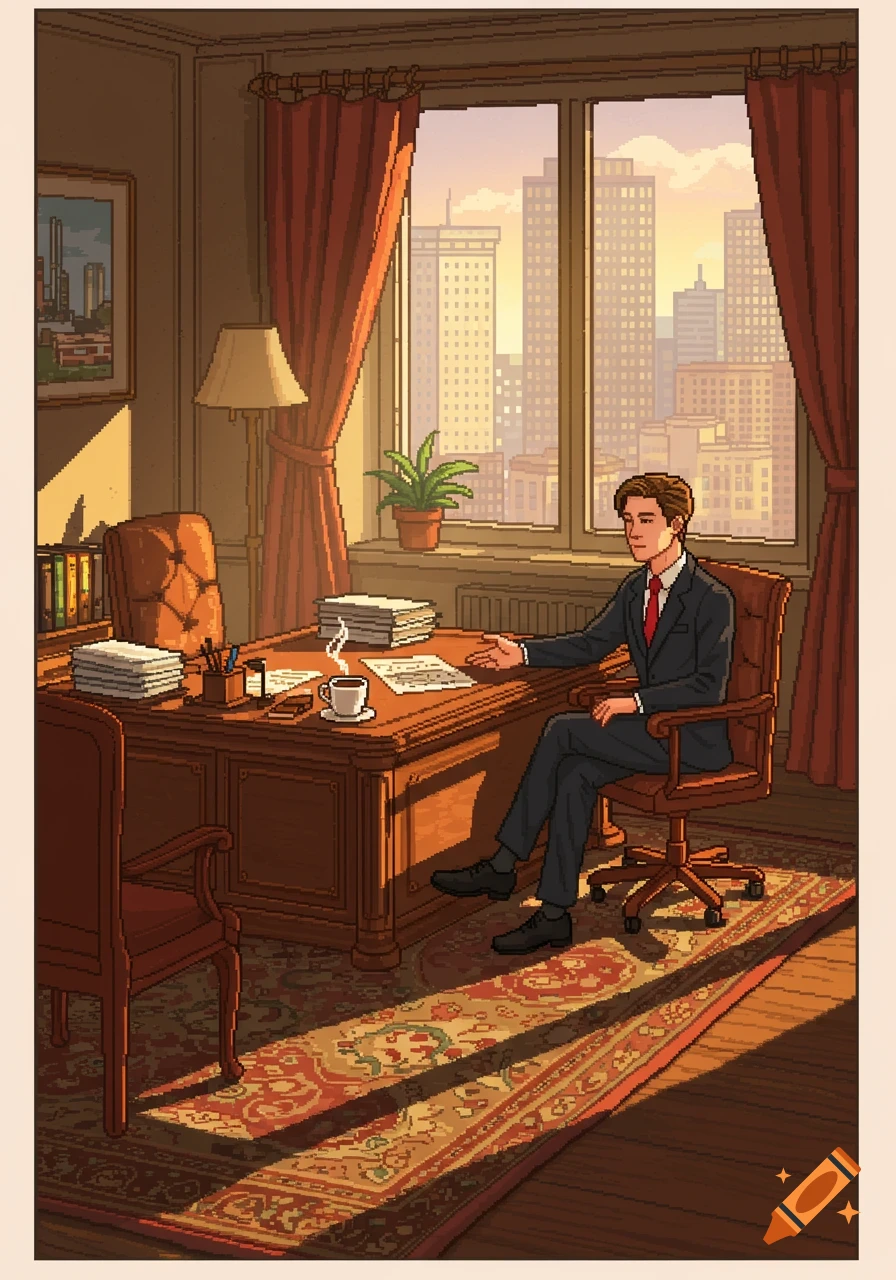 A pixel art illustration of a man in a suit sitting at an office desk, looking out at a cityscape during sunset.