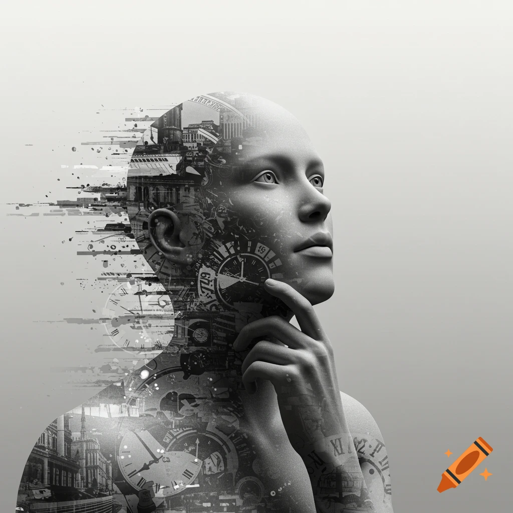 Monochromatic abstract image of a person's head and shoulder fragmenting into cityscapes and clock faces, against a light gray background.