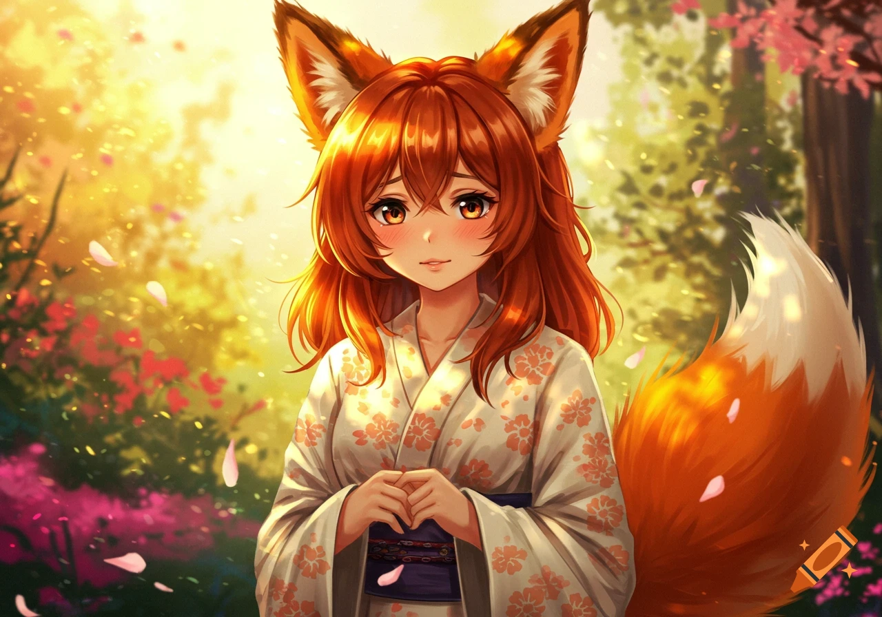Anime fox girl in a white floral kimono stands in a bright forest with pink petals.