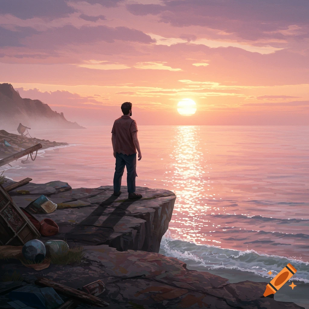 A man stands on a cliff overlooking a vast ocean at sunset, with a vibrant pink and orange sky.