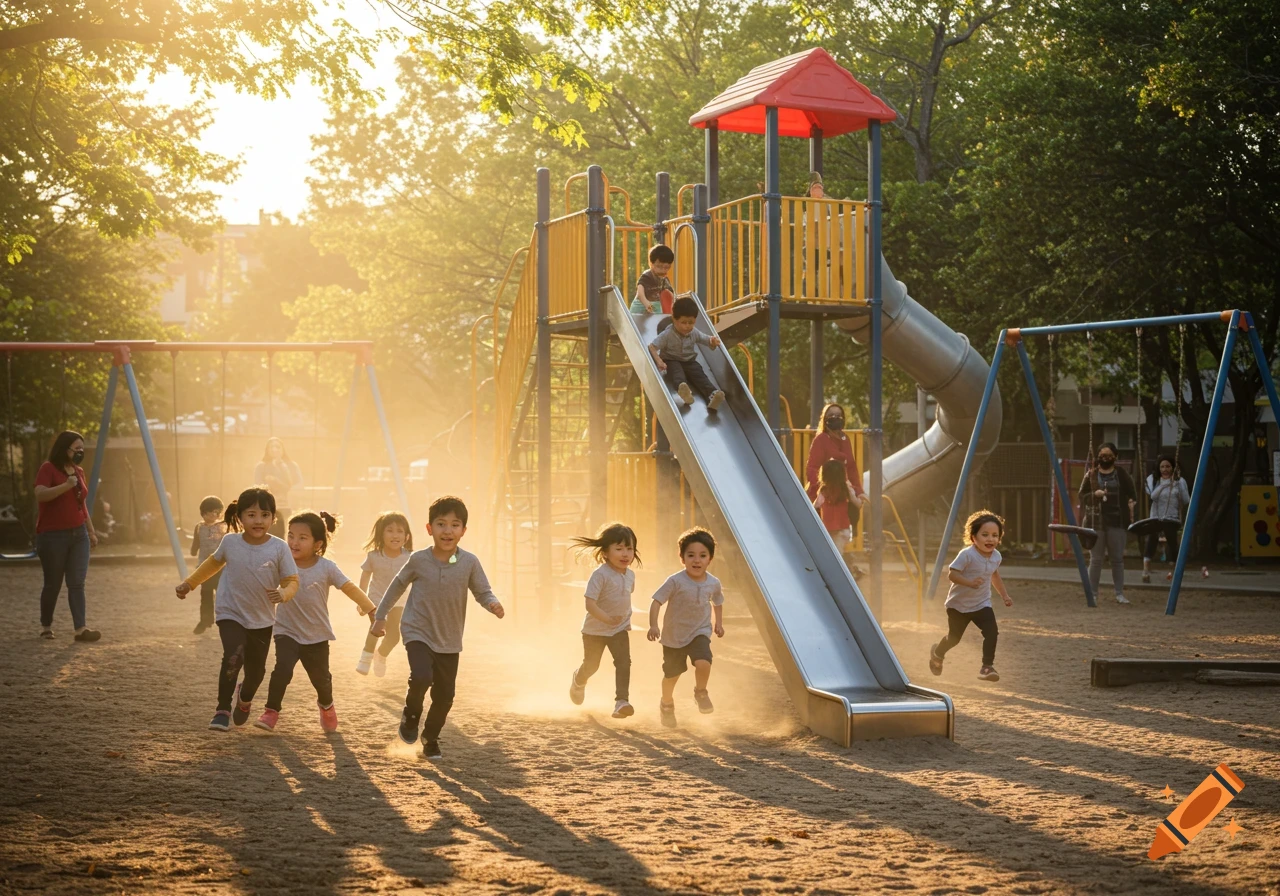 Kindergarten children run and slide on a sunny playground, kicking up dust in the golden light.