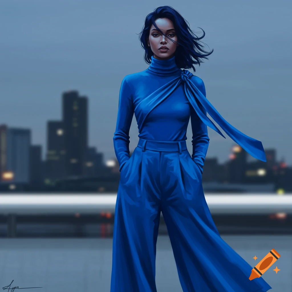 A stylish woman in a cerulean blue turtleneck, wide-leg pants, and a sash, stands against a blurred city background.