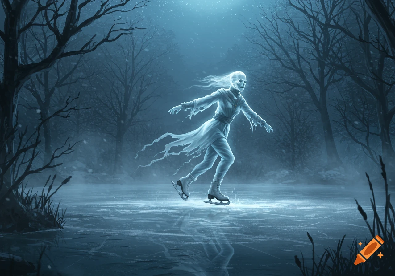 Ethereal ghost with a skeletal face ice skating on a frozen pond in a dark, snowy winter forest. Fantasy art.