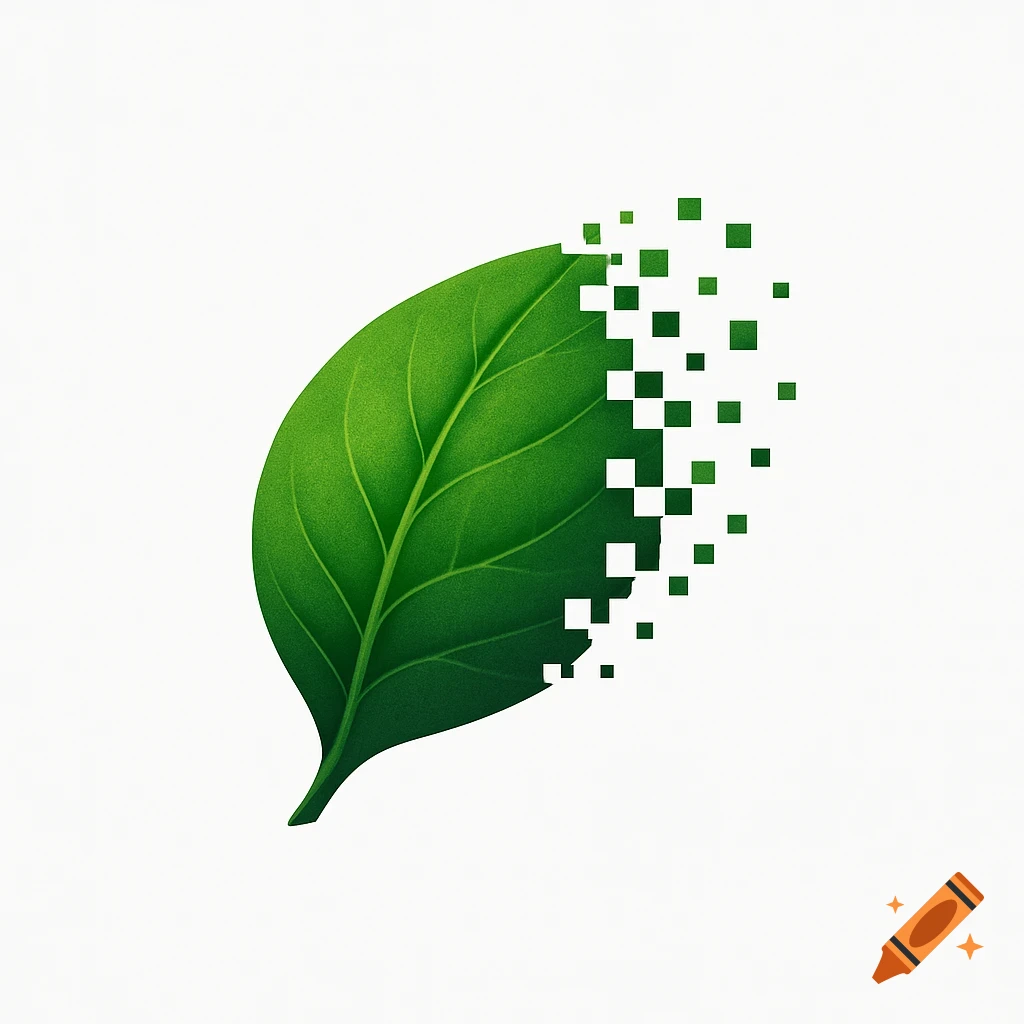 A vibrant green leaf partially disintegrating into square pixels against a plain white background.