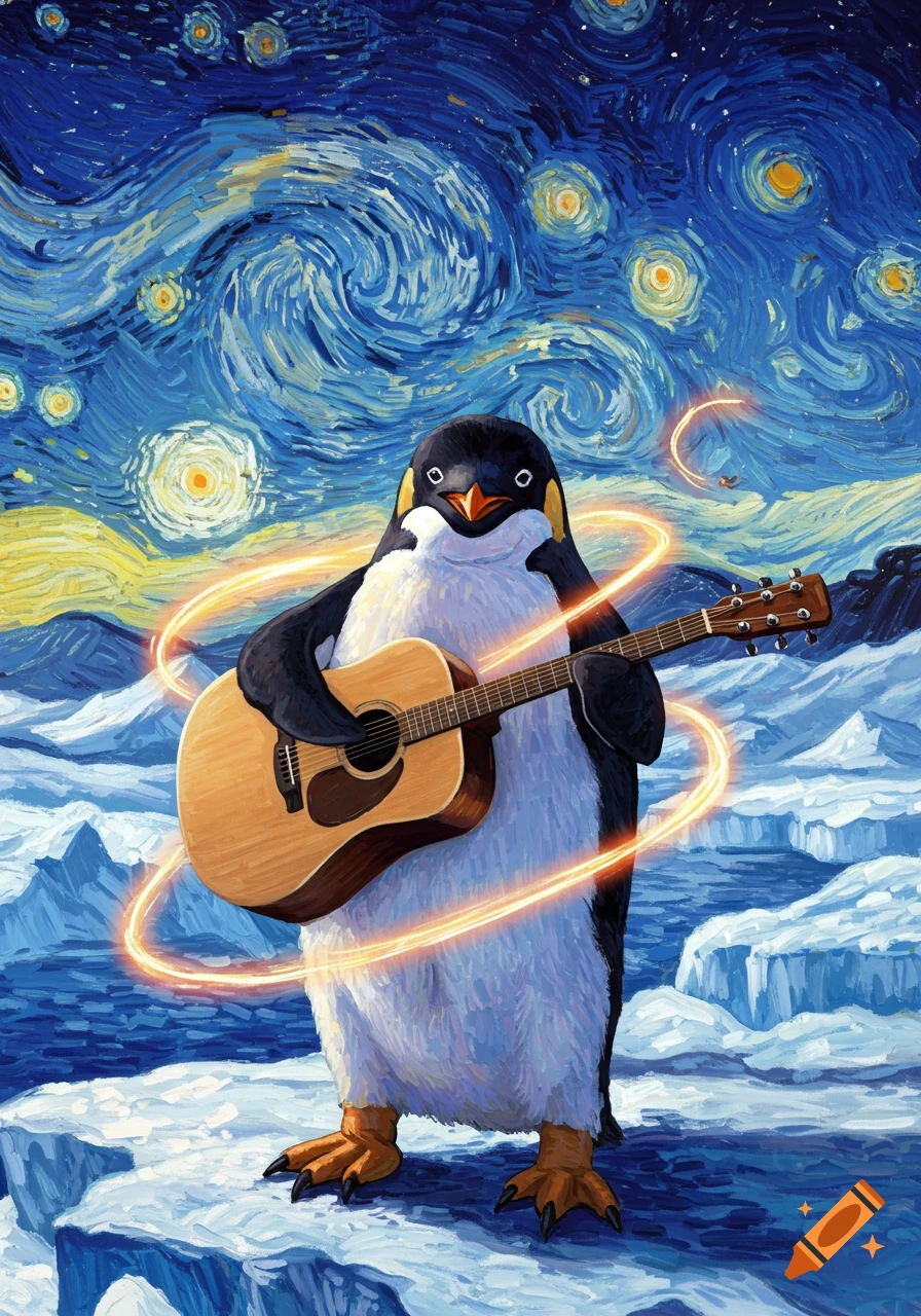 A penguin plays a guitar on an icy landscape under a starry night sky, rendered in a Van Gogh-inspired style.
