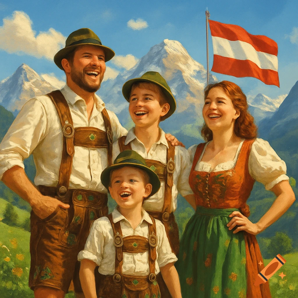 Smiling Austrian family in traditional attire (Lederhosen, Dirndl) in the Alps with an Austrian flag in a painterly style.