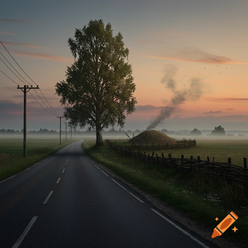 A quiet rural road at sunset, leading past a large tree, a wicker fence, and a smoking burial mound in a misty field.