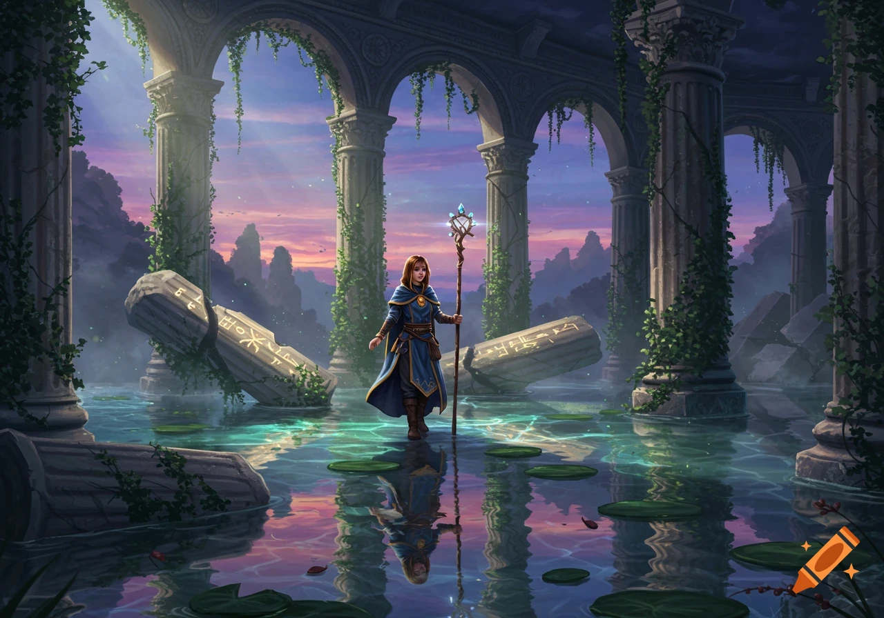 A cleric girl stands in flooded ancient ruins with stone columns and glowing staff under a colorful sunset.