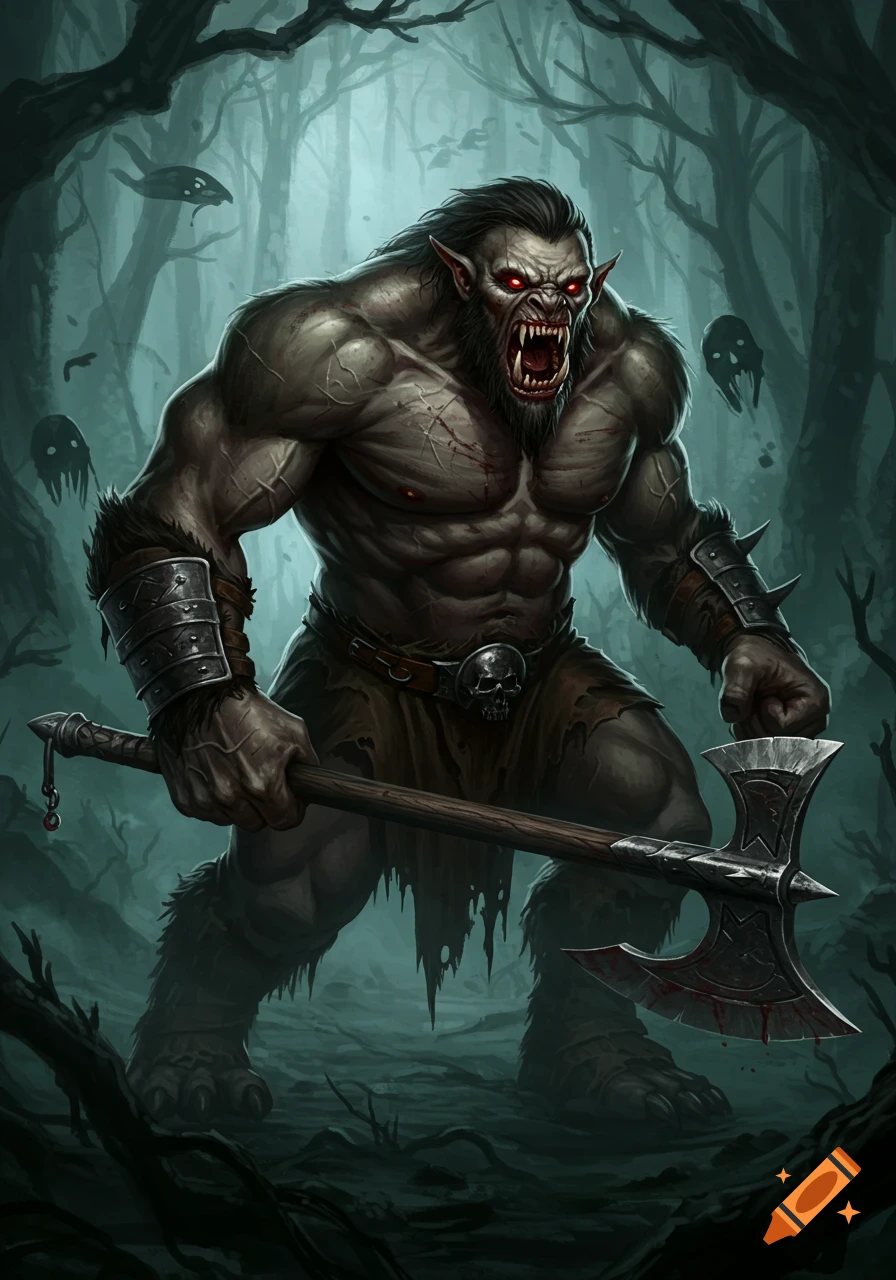 An angry, muscular dark fantasy monster with red eyes and sharp teeth holds a bloody axe in a misty, spooky forest.