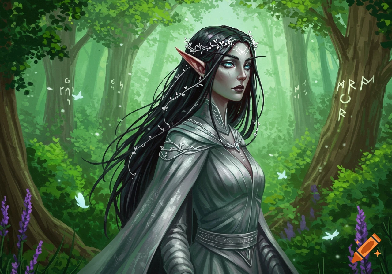 Dark-haired female elf with glowing blue eyes, wearing silver clothing, stands in a lush green fantasy forest.