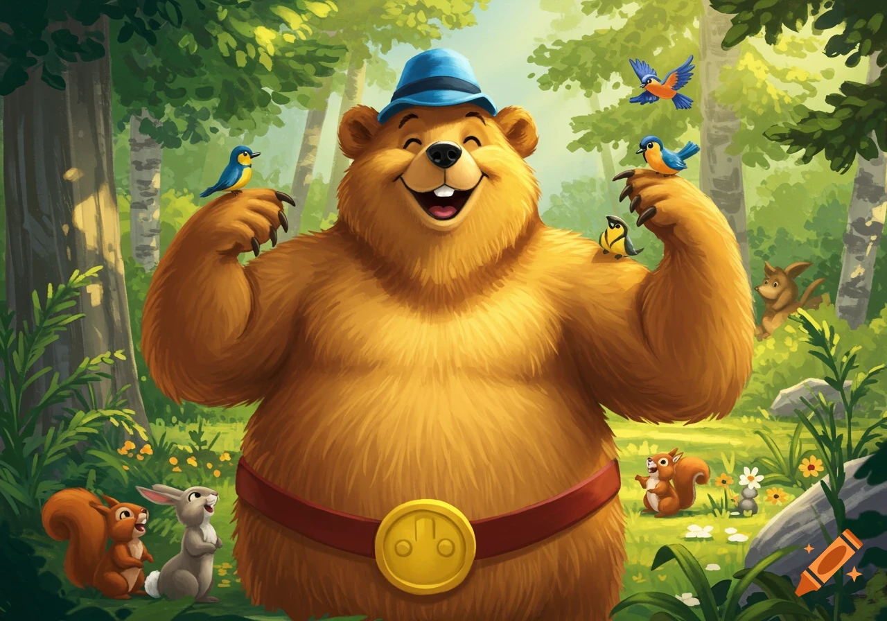 A happy cartoon bear in a blue hat and red belt smiles, holding small birds in a sunny forest with other animals.