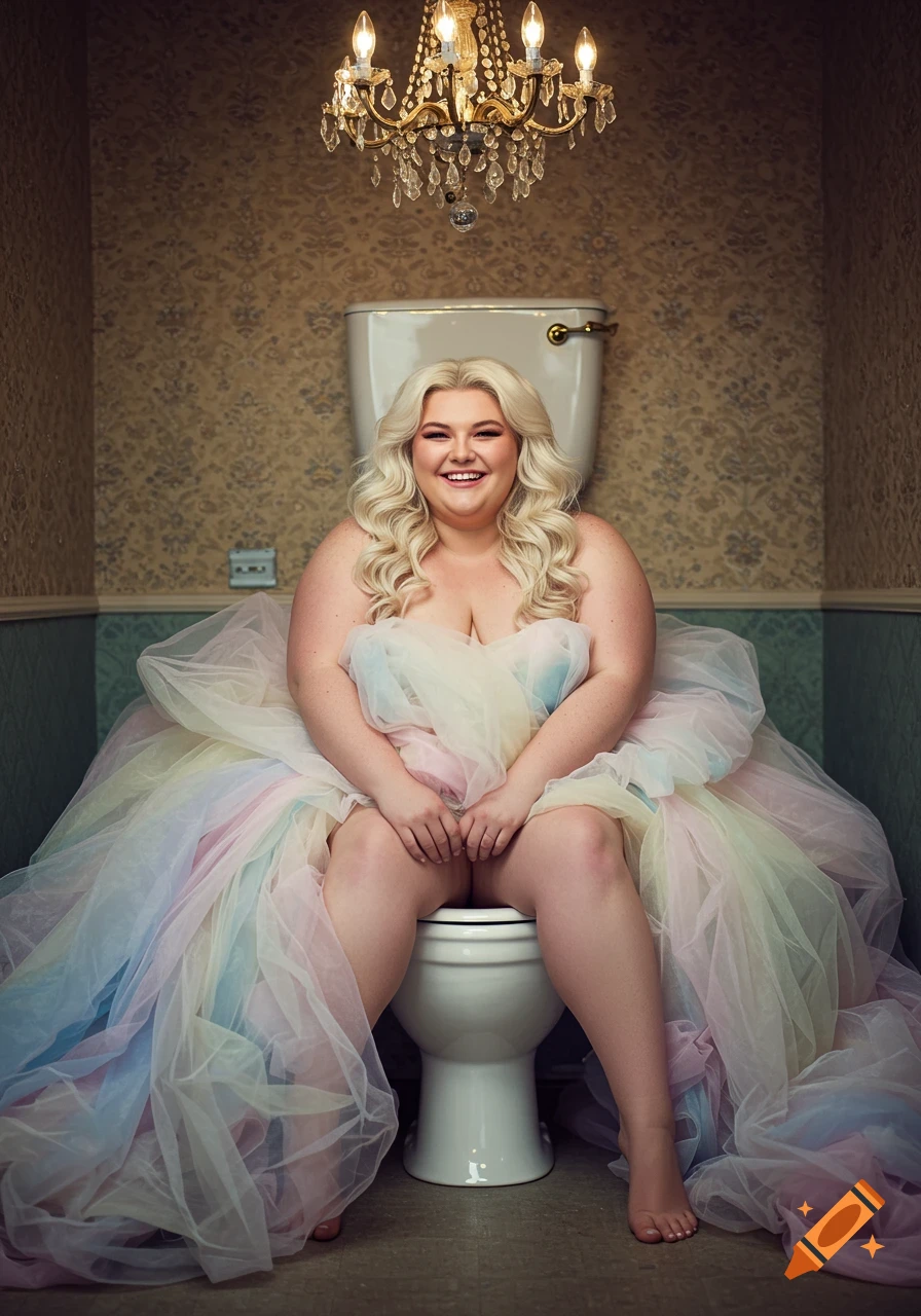 A smiling blonde woman in a pastel tulle dress sits on a toilet in a patterned bathroom, under a chandelier.