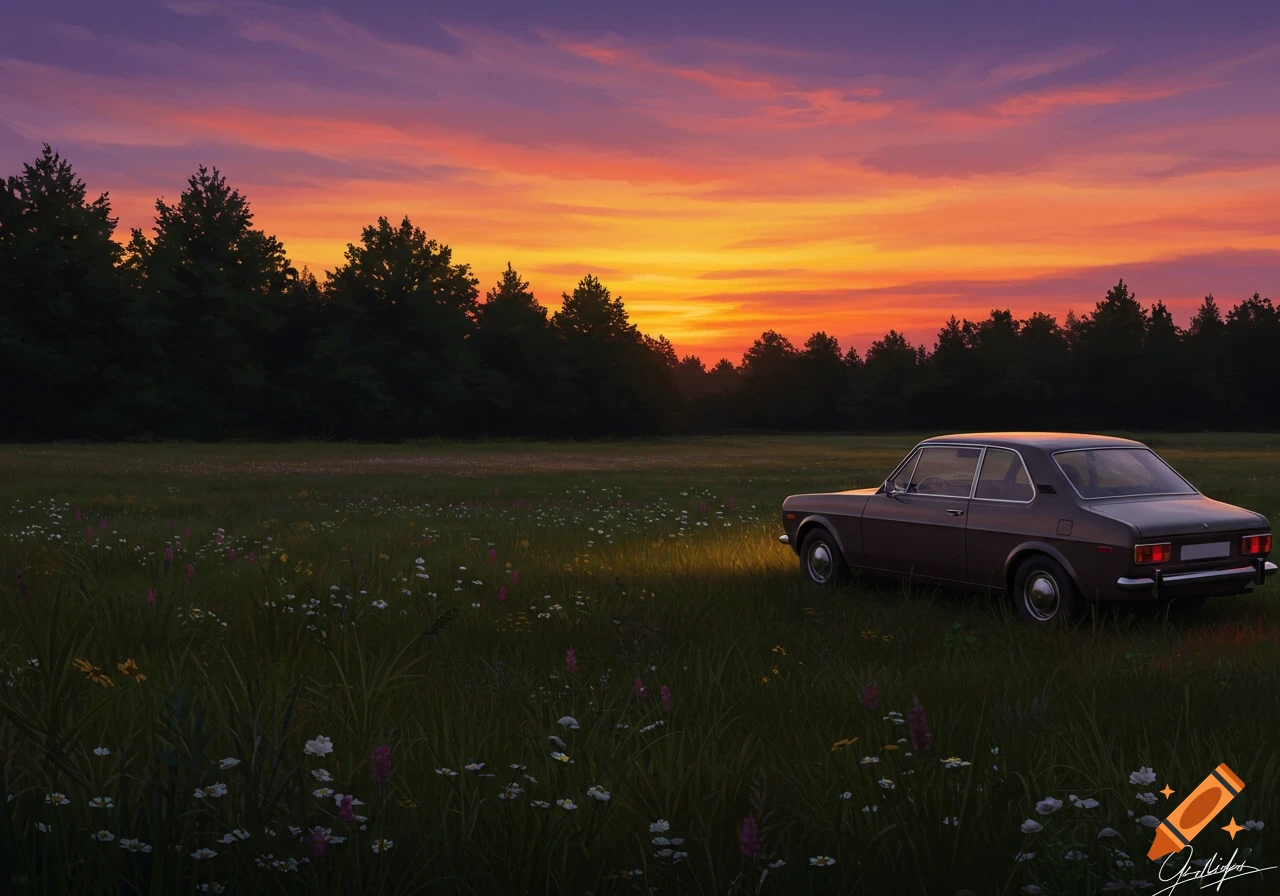 Illustration of a classic car in a field of wildflowers at sunset, with a dark forest in the background.