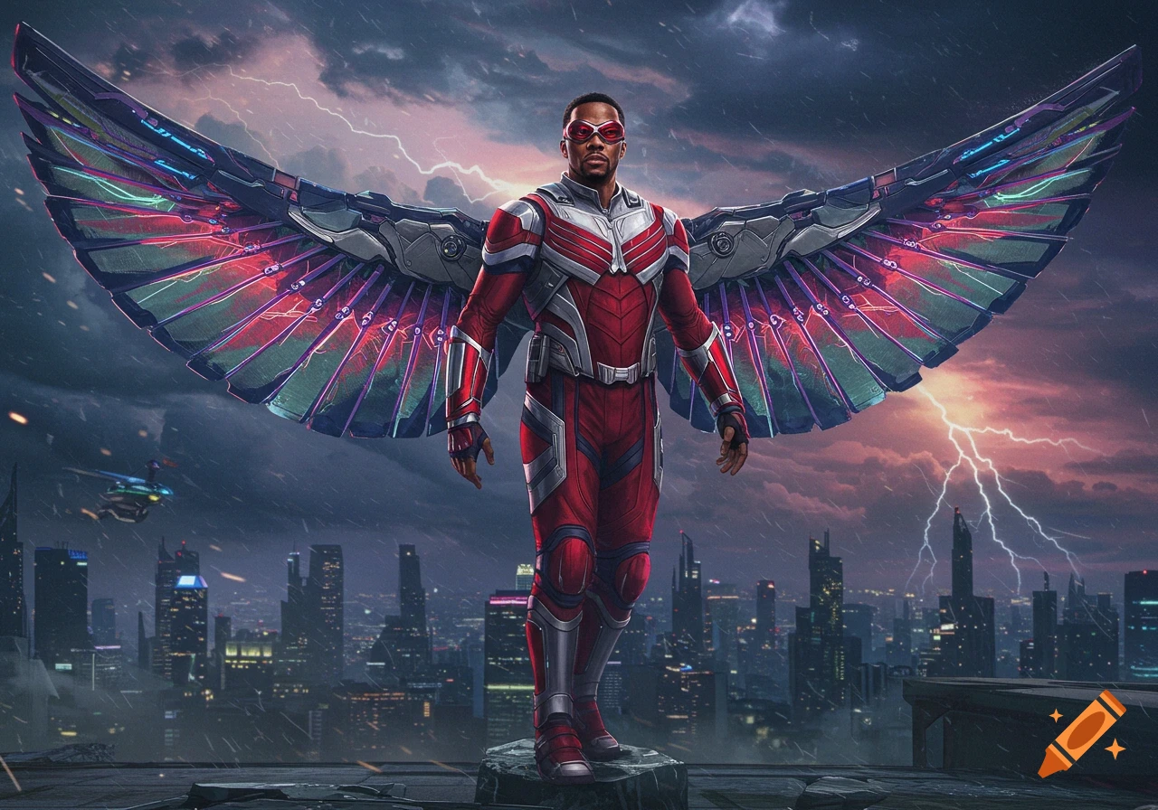 Captain America (Falcon) in a red and silver suit stands on a rooftop with large glowing wings, stormy city skyline behind him.